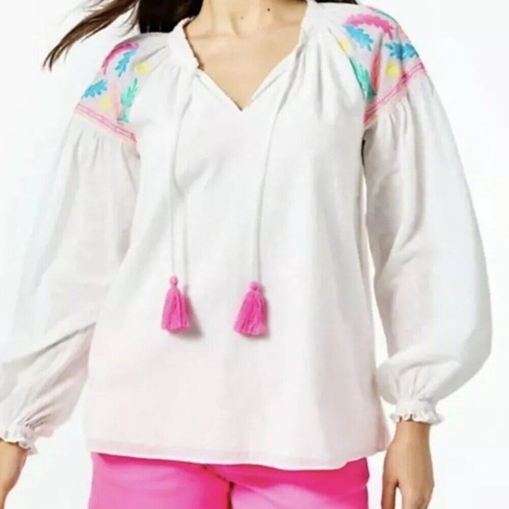 LILLY PULITZER S Florentina Top Resort White Cotton Circle Clip Embroid NWT